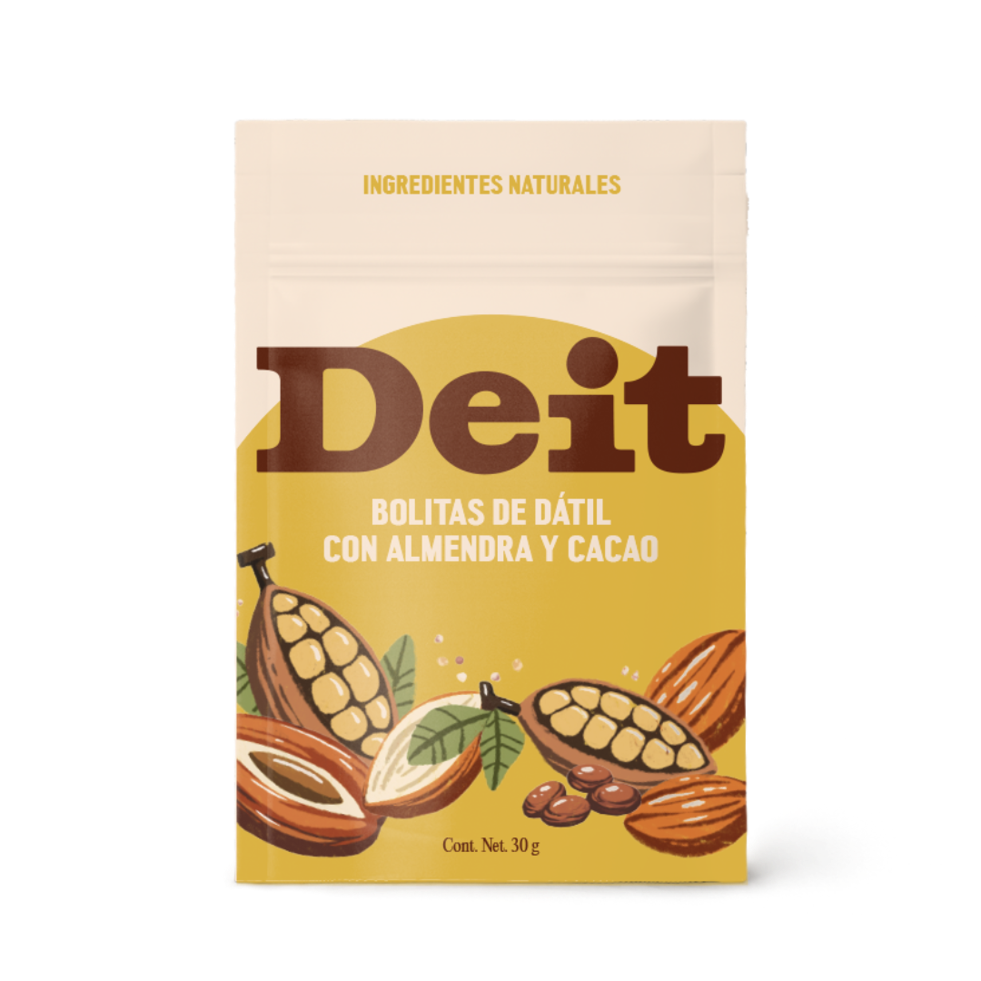 BOLITAS DE DÁTIL CON ALMENDRA Y CACAO (CAJA CON 10 BOLSITAS DE 30 GMS)