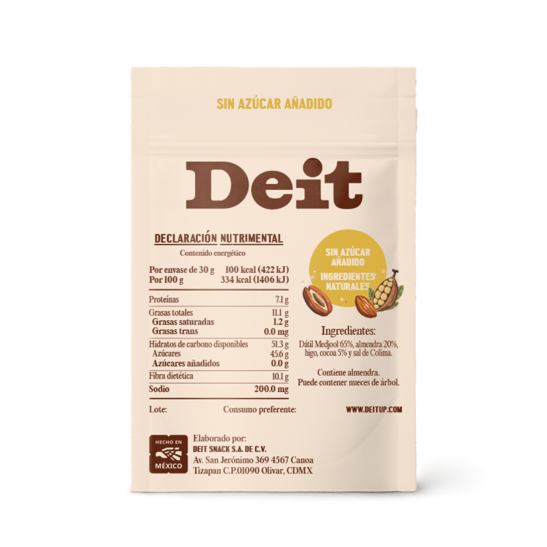 BOLITAS DE DÁTIL CON ALMENDRA Y CACAO (CAJA CON 10 BOLSITAS DE 30 GMS)