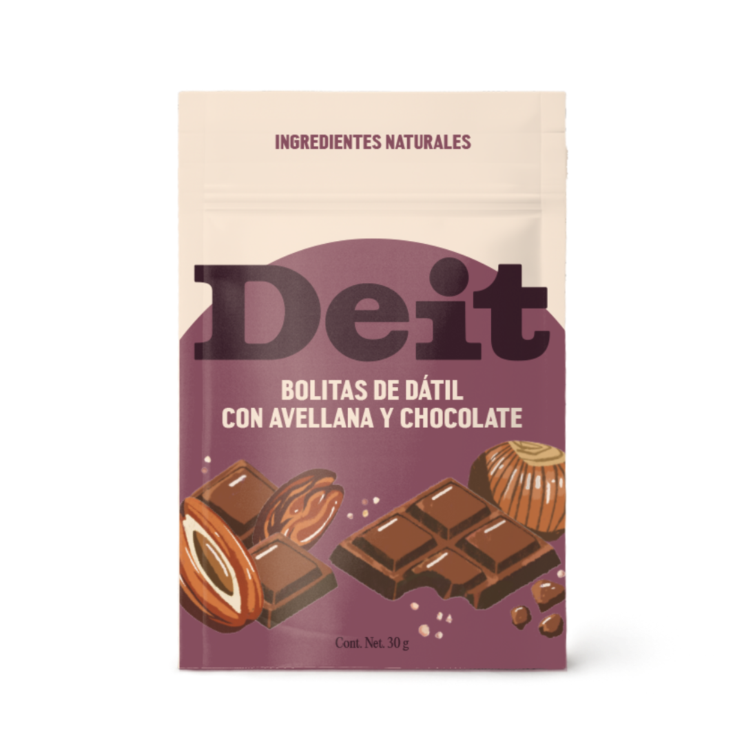 BOLITAS DE DÁTIL CON AVELLANA Y CHOCOLATE (CAJA CON 10 BOLSITAS de 30 GMS)