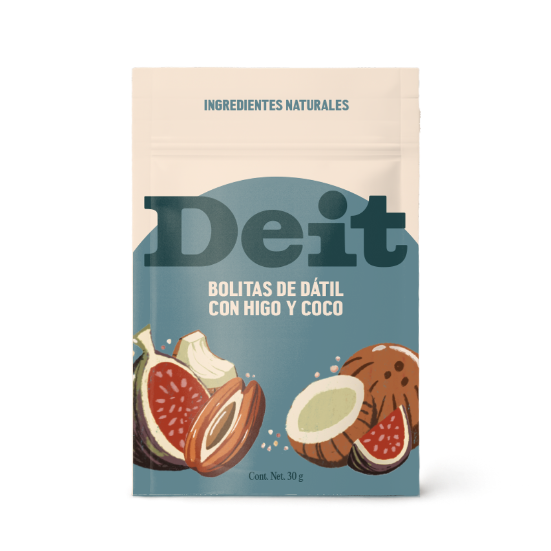 BOLITAS DE DÁTIL CON HIGO Y COCO (CAJA CON 10 BOLSITAS DE 30 GMS)